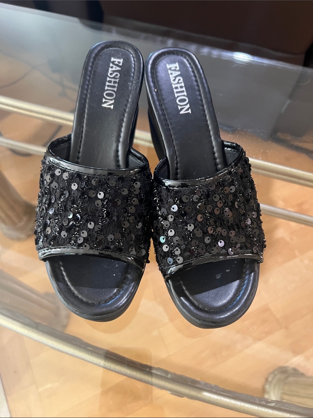 Fashion Black Sequin Platform Mules